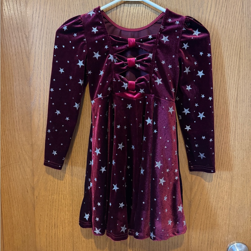 SHEIN Girls Burgundy Velvet Celestial Star Dress Bow Back - Size 6Y